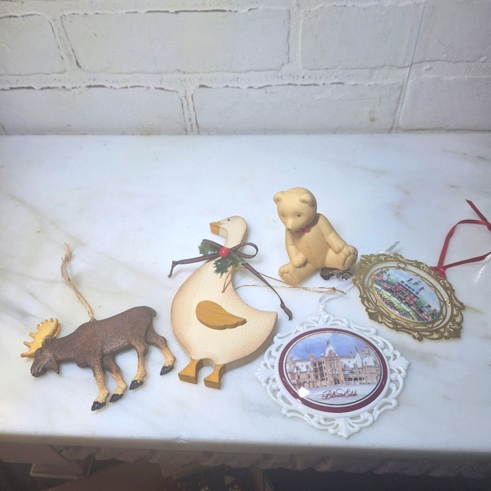 Bundle Of 5 Vintage Christmas Ornaments, Goose, Moose, Bear